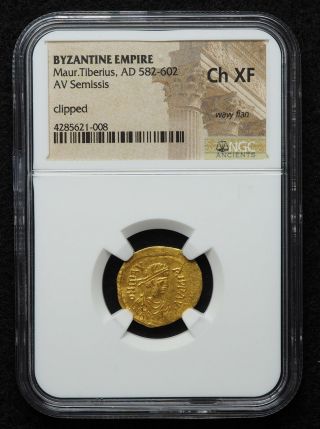 Maurice Tiberius Gold Tremissis,  AD 582 - 602,  NGC Ch XF 3