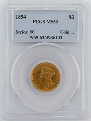 1854 Indian Princess $3 Three Dollar Gold Coin Pcgs Ms 63
