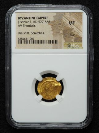 Justinian I.  527 - 565.  Gold Tremissis.  Constantinople.  NGC VF 3