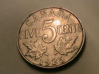 1925 Canada Five Cent Scarce Choice Fine,  /avf George V Canadian Nickel 5 C Coin