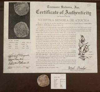Atocha 8 Reales Shipwreck Coin,  Grade 2 W/ Flip And Stamped Mel Fisher
