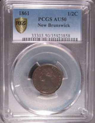 1861 Brunswick One Half Cent (1/2c),  Pcgs Au 50 Gold Shield Holder