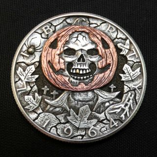 Hobo Nickel Skull Pumpkin Hand Carved Half Dollar Silver Coin W Gold And Copper