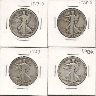 4 Walking Liberty Half Dollars 1917s,  1928s,  1937,  1938