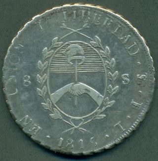 Argentina Provincias Unidas 8 Soles Sunface Silver Coin 1815 Fl Vf