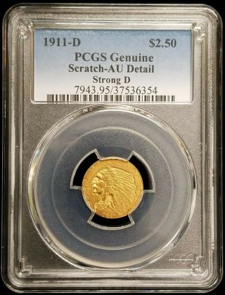 1911 - D $2.  50 Indian Head Gold Coin Quarter Eagle (strong D) Pcgs Au Details