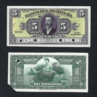 Ecuador - Banco Del Pichincha Face & Back 5 Sucres Nd (1912 - 20) Ps223s Proof