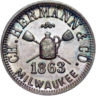 1863 Milwaukee Wisconsin Civil War Token Hermann & Co Brooms Stoneware Jug