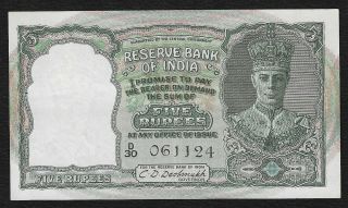 British India 1943,  5 Rupees,  Kgvi,  About Unc,  Cd Deshmukh Sign,  Pick 23a.