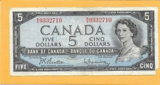 1954 Canadian 5 Dollar Bill M/s9332710 (circulated)
