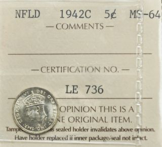 1942 - C Newfoundland 5 Cents Iccs Graded Ms - 64
