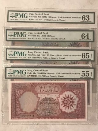Iraq 1959 10 Dinars Central Bank P55a Unc Epq 63 - 64&65 - - 5 Dinars P54aau Epq 55