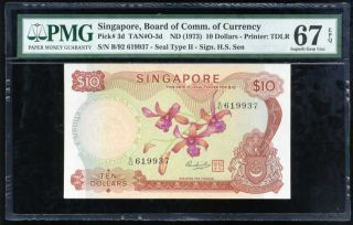 Singapore 10 Dollars Nd 1973 P 3 D Gem Unc Pmg 67 Epq Highest Finest