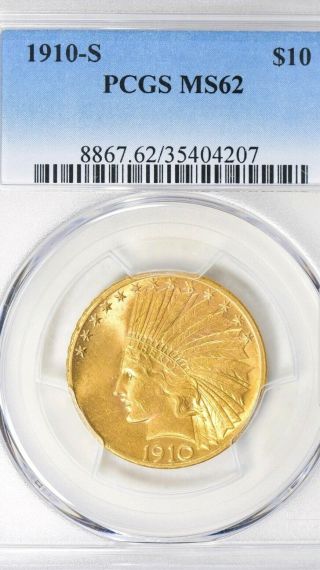 1910 S Us Indian Head Gold Eagle $10 Ten Dollar Pcgs Ms - 62
