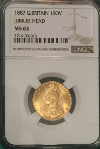 1887 Ngc Ms 63 Jubilee Queen Victoria Sovereign.  2354 Oz.  7.  99 Grams.  Luster,