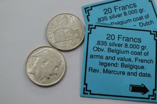 Belgium 20 Francs 1950,  1951 Both Silver B18 Cg22