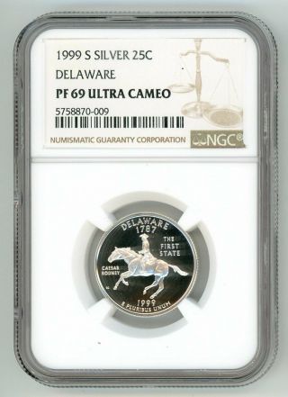 1999 S Silver Quarter 25c Delaware Ngc Pf69 Ultra Cameo 5758870 - 009