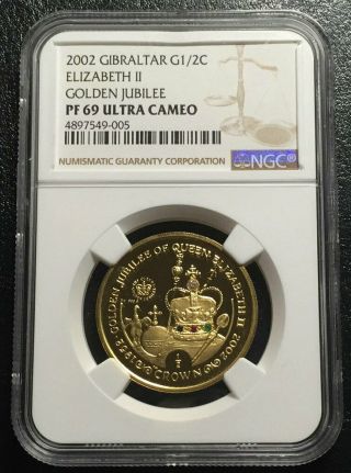 Gibraltar 1/2oz Gold 2002 Ngc Pf69uc Crown With Diamond,  Green,  Blue And Red Gem