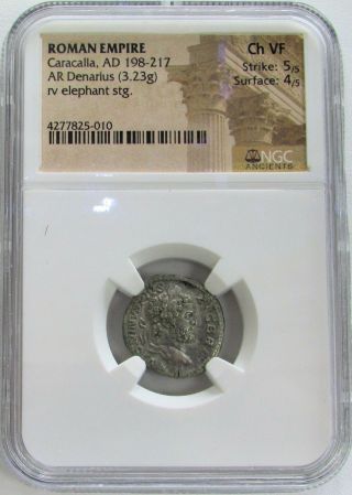 198 - 217 Ad Silver Roman Denarius Caracalla Elephant Coin Ngc Choice Vf 5/4