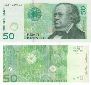 Norway 50 Kroner (2011) - Water Lillies And Dragonfly/p46d/prefix J Unc