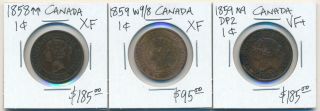 1858,  1859 W9/8,  1859 N9 Dp2 Canada Large Cents (sharp Trio)