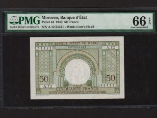 Morocco:p - 44,  50 Francs,  1949 French Rule Pmg Gem Unc 66 Epq