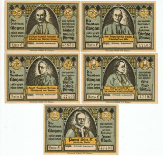 Set Of 5 Germany Notgeld 25.  50.  75 Pfennig 1.  2 Mark Glogau 1922