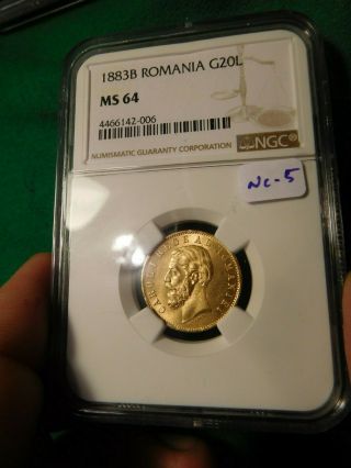 Nc5 Romania 1883 - B Gold 20 Lei Ngc Ms - 64 Scarce This Grade