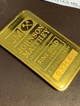 5 Ozt.  9999 Fine Gold Bar - Johnson Matthey - - $600 Under Spot