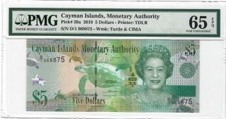 2010 Cayman Islands $5 Dollars,  D/1 Prefix P - 39,  Pmg 65 Epq Gem Unc,  Qeii Type