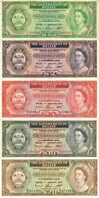1976 Belize Set 5 Notes 1,  2,  5,  10,  And 20 Dollars Picks: 33,  34,  35,  36,  37 ¡¡¡¡