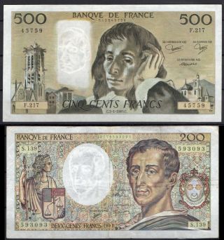 France P156,  P155 1985 500 Francs Xf - Au,  1992 200francs Vf 2different