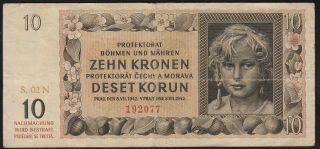 1942 10 Kronen Czechoslovakia Wwii Old Money Banknote German Occupation P 8a Vf