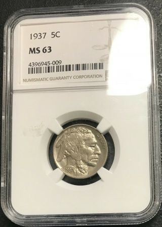 1937 - P U.  S.  Buffalo Indian Nickel Ngc Graded Ms63 $2.  95 Max