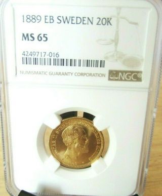 Gold 1889 Eb Sweden 20 Kronor Ngc Graded Ms65 Shine & Detail