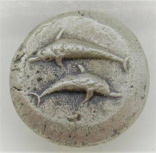 Rare Ancient Greek Silver Stater Santorini Islands 2 Dolphins 12.  2grams