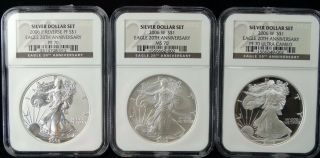 2006 W,  W,  P Silver Dollar Set Eagle $1 Ngc 70 20th Anniversary Proof Reverse Bur