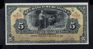 Bolivia 5 Bolivianos 1911 Banco Mercantil Pick S173b Xf.