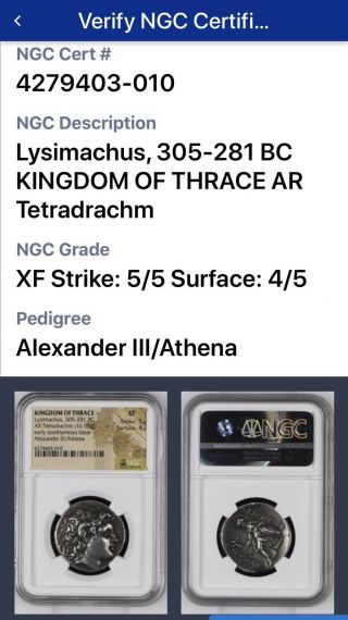 Kingdom of Thrace Lysimachus AR Tetradrachm Alexander III / Athena,  NGC XF 3
