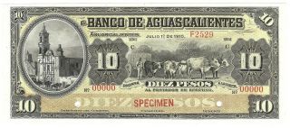 Mexico M - 052s¦bk - Agu - 11 (s - 102) Banco De Aguascalientes 10 Pesos C,  1.  7.  1910 Unc