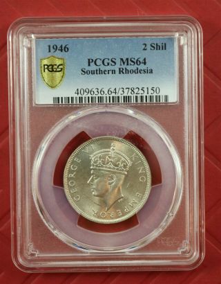 1946 Southern Rhodesia 2 Shilling Silver Coin Pcgs Ms64