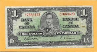 1937 Bank Of Canada Canadian 1 Dollar Bill U/l7663423 (circulated)