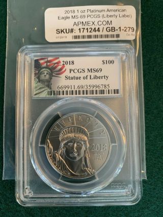 2018 $100 Platinum American Eagle Pcgs Ms69 Statue Of Liberty