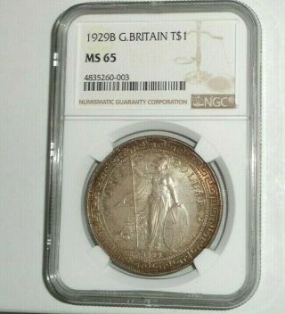 1929b Great Britain T$1 Trade Dollar Coin Ngc Ms 65 George V Toning