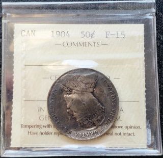 1904 Canada Silver 50 Cent Half Dollar Iccs Graded F - 15