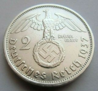 (380) Wwii German 2 Mark - 1937 F - Silver - Coin Big Swastika