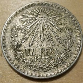 Mexico Coin 1922 Cap And Rays Un Peso.  720 Silver Coin Details