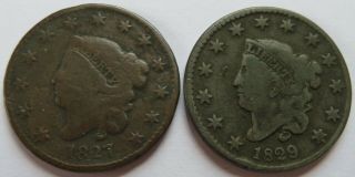 1827,  1829 Coronet Head Large Cents,  Two Better Date Penny 1c Coins (102044f)