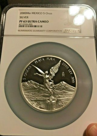 2000 Mo Mexico Silver Proof Libertad 5 Onza Oz.  - Ngc Pf 63 - Only 500 Minted