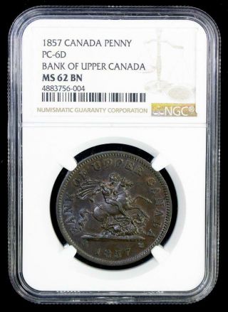 Canada: Province Of Canada.  Bank Of Upper Canada Penny Token 1857 Ms62 Ngc